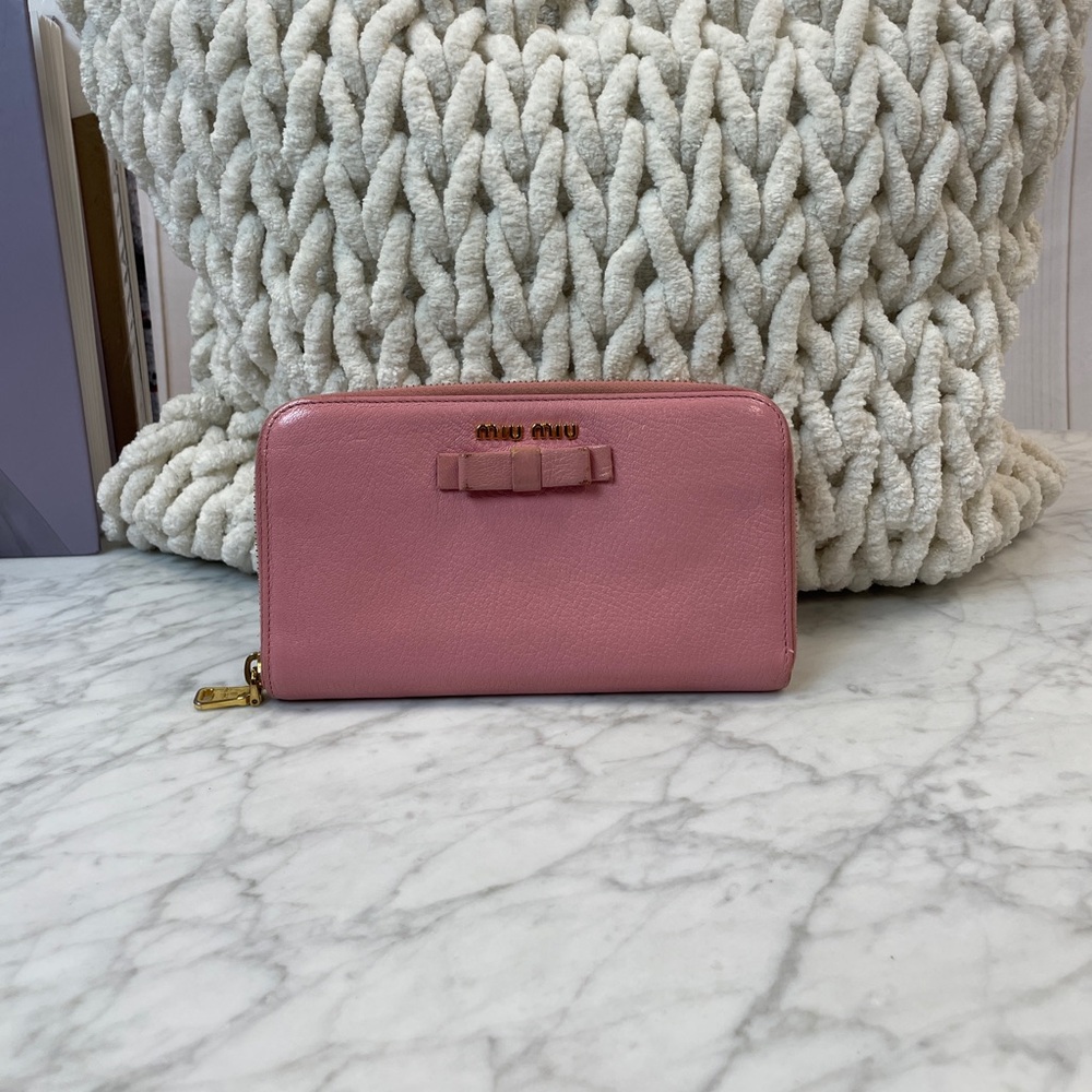 Miu Miu Rose Pink Leather Zip-Around Wallet with Bow